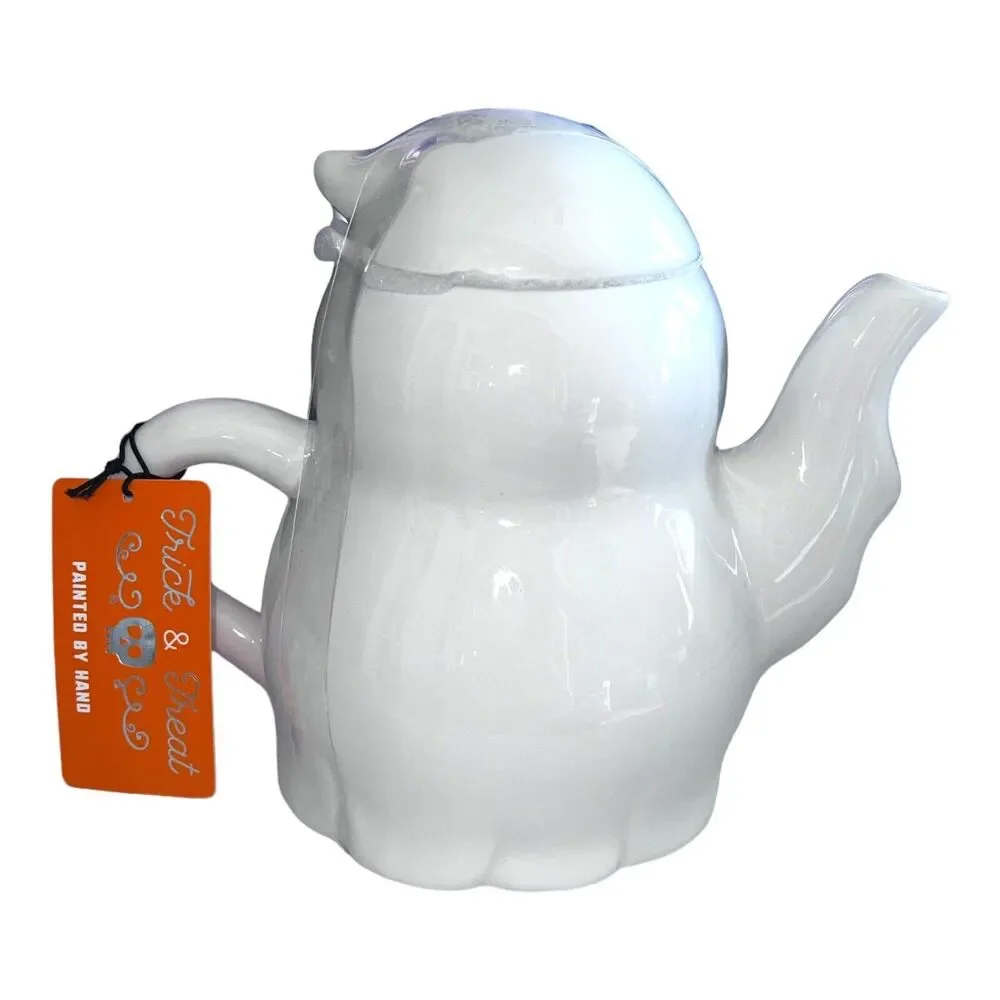 Trick & Treat Halloween Smiling Ghost W Pumpkin Ceramic Hand-painted Teapot NEW